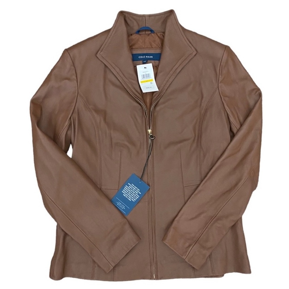 Cole Haan Womens Wing Collar Lambskin Leather Jacket Medium HIckory NWT …
